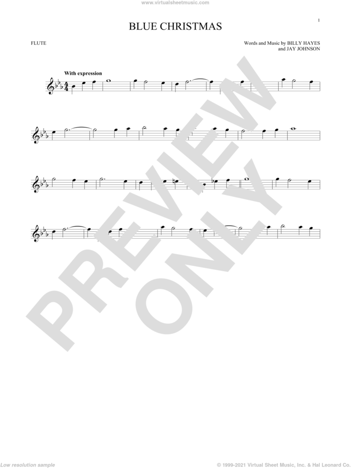 Blue Christmas sheet music for flute solo by Elvis Presley, Browns and Billy Hayes, intermediate skill level