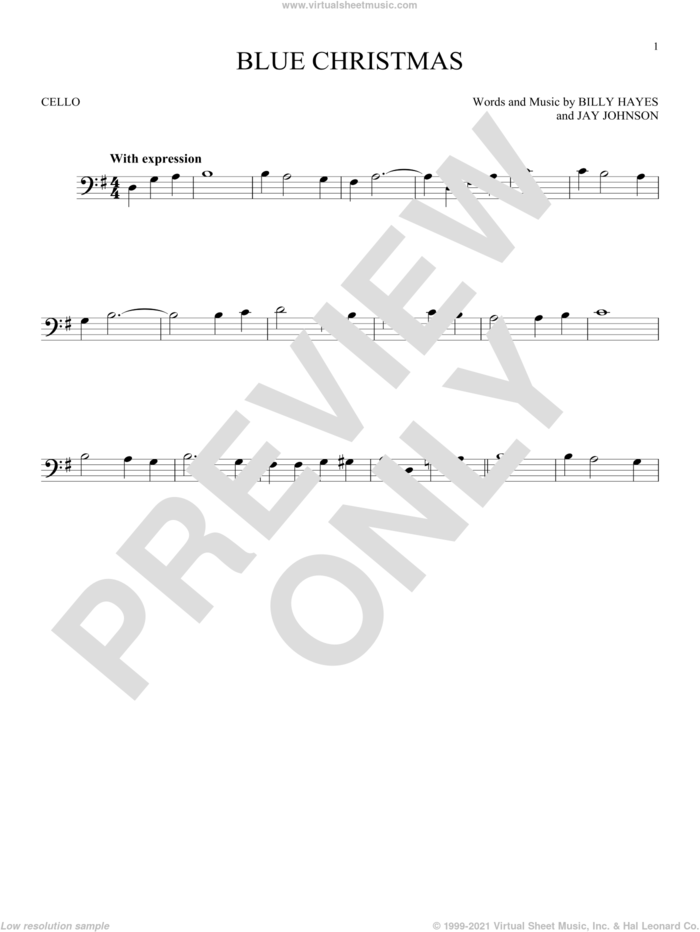 Blue Christmas sheet music for cello solo by Elvis Presley, Browns and Billy Hayes, intermediate skill level