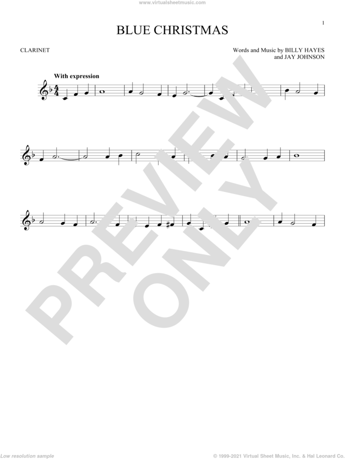Blue Christmas sheet music for clarinet solo by Elvis Presley, Browns and Billy Hayes, intermediate skill level