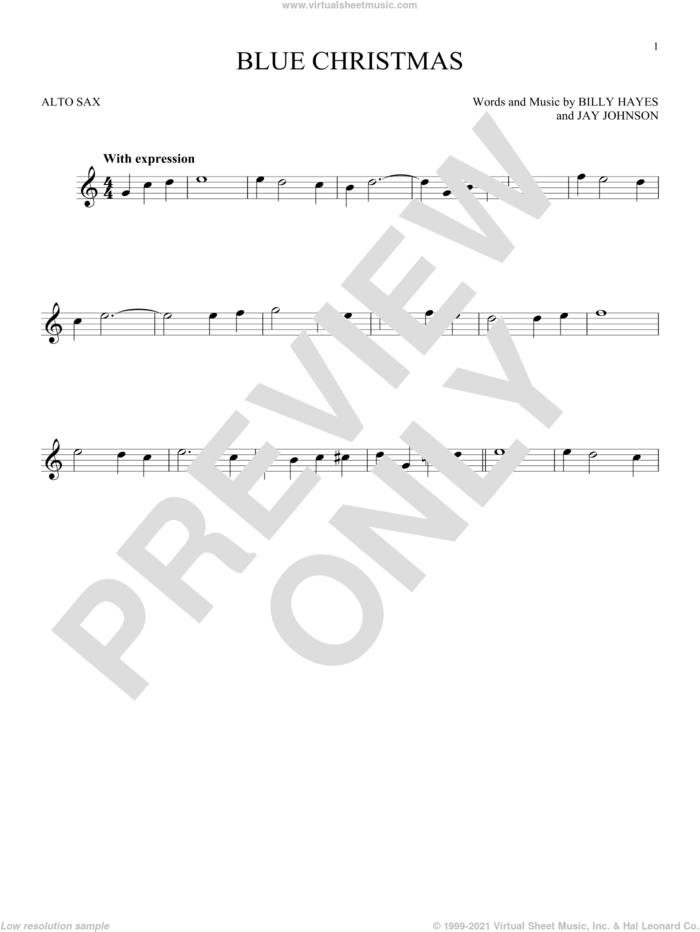 Blue Christmas sheet music for alto saxophone solo by Elvis Presley, Browns and Billy Hayes, intermediate skill level
