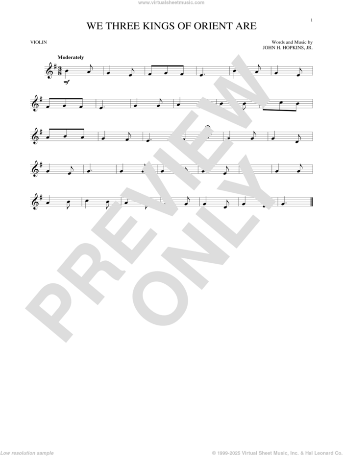 We Three Kings Of Orient Are sheet music for violin solo by John H. Hopkins, Jr., intermediate skill level