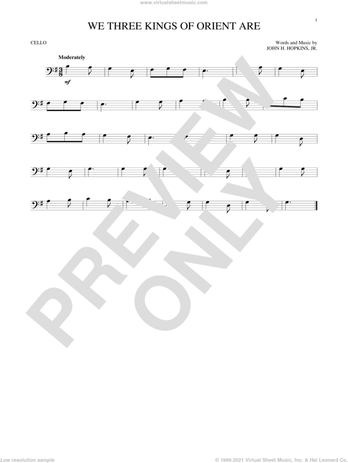 We Three Kings Of Orient Are sheet music for cello solo by John H. Hopkins, Jr., intermediate skill level