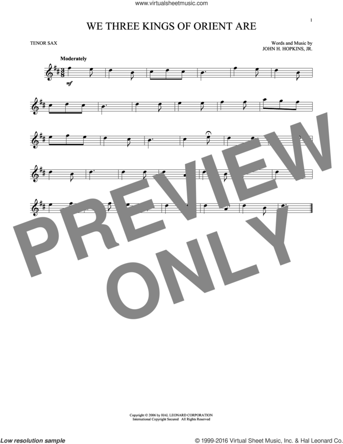 We Three Kings Of Orient Are sheet music for tenor saxophone solo by John H. Hopkins, Jr., intermediate skill level