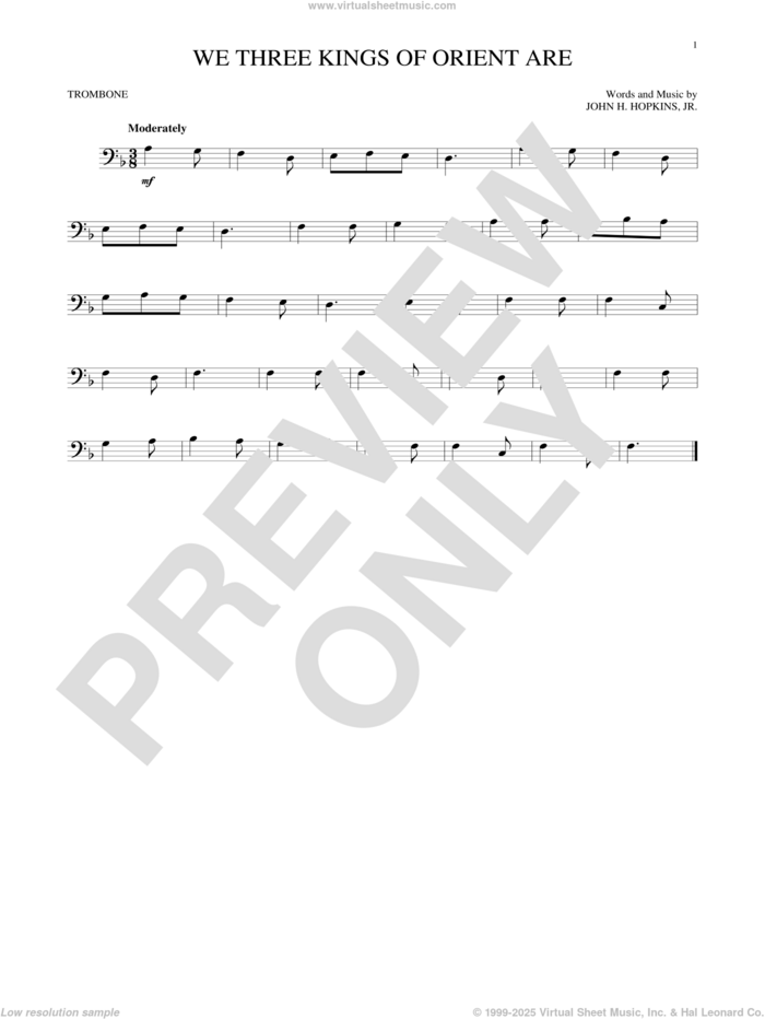 We Three Kings Of Orient Are sheet music for trombone solo by John H. Hopkins, Jr., intermediate skill level