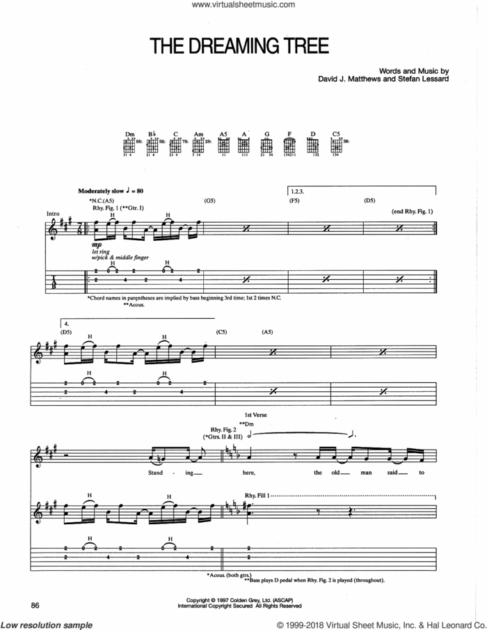 The Dreaming Tree sheet music for guitar (tablature) by Dave Matthews Band and Stefan Lessard, intermediate skill level