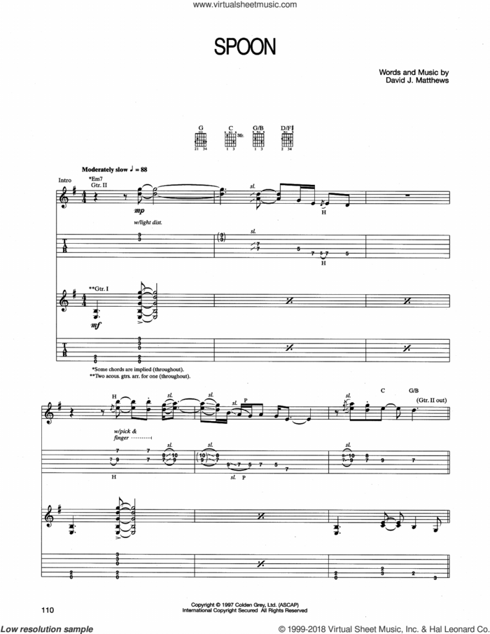 Spoon sheet music for guitar (tablature) by Dave Matthews Band, intermediate skill level