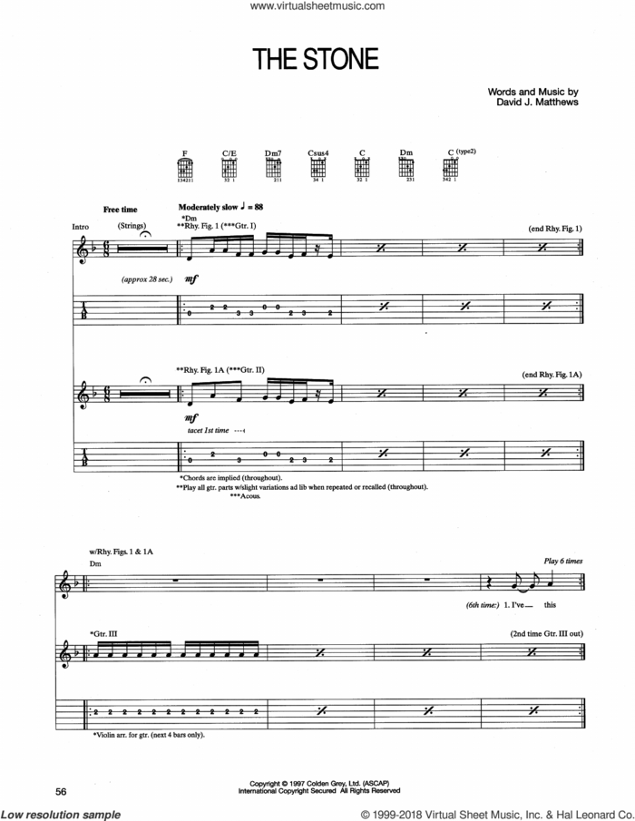 The Stone sheet music for guitar (tablature) by Dave Matthews Band, intermediate skill level