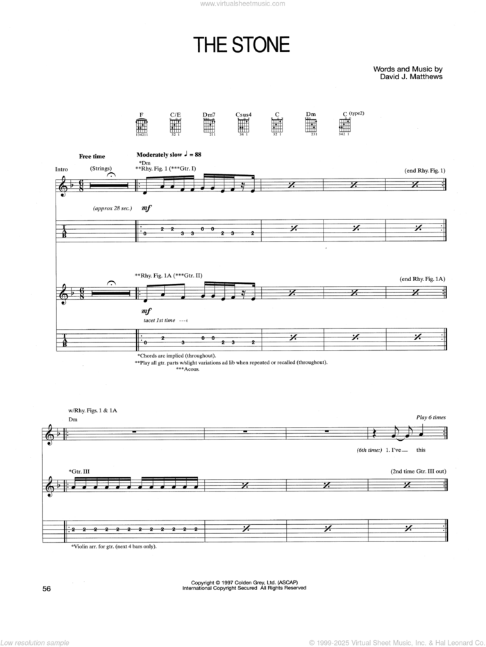 The Stone sheet music for guitar (tablature) by Dave Matthews Band, intermediate skill level