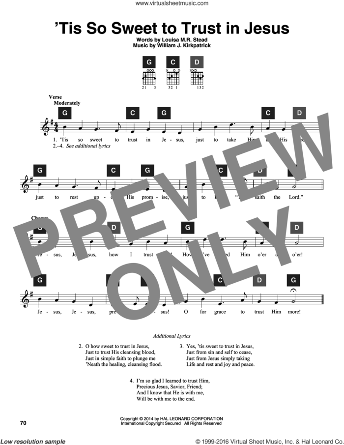 'Tis So Sweet To Trust In Jesus sheet music for guitar solo (ChordBuddy system) by William J. Kirkpatrick, Travis Perry and Louisa M.R. Stead, intermediate guitar (ChordBuddy system)