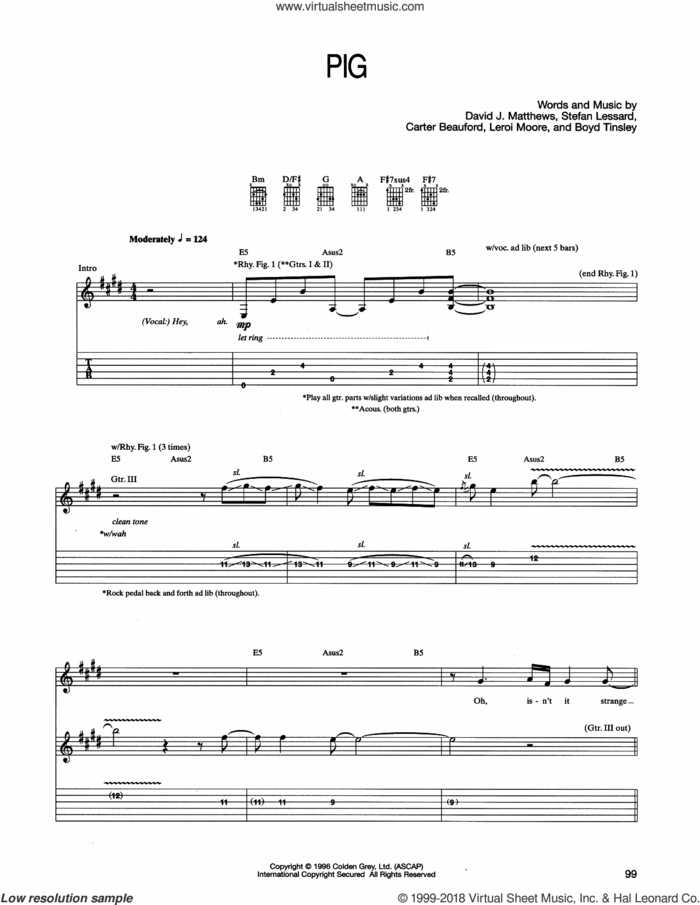 Pig sheet music for guitar (tablature) by Dave Matthews Band, Boyd Tinsley, Carter Beauford, Leroi Moore and Stefan Lessard, intermediate skill level