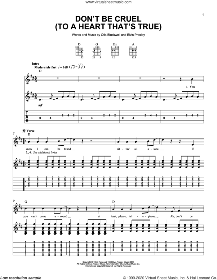 Don't Be Cruel (To A Heart That's True) sheet music for guitar solo (easy tablature) by Elvis Presley, Cheap Trick and Otis Blackwell, easy guitar (easy tablature)