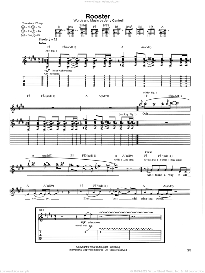 Rooster sheet music for guitar (tablature) by Alice In Chains and Jerry Cantrell, intermediate skill level