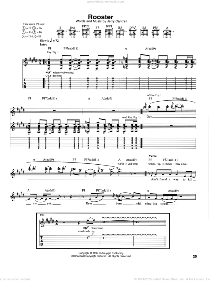 Rooster sheet music for guitar (tablature) by Alice In Chains and Jerry Cantrell, intermediate skill level