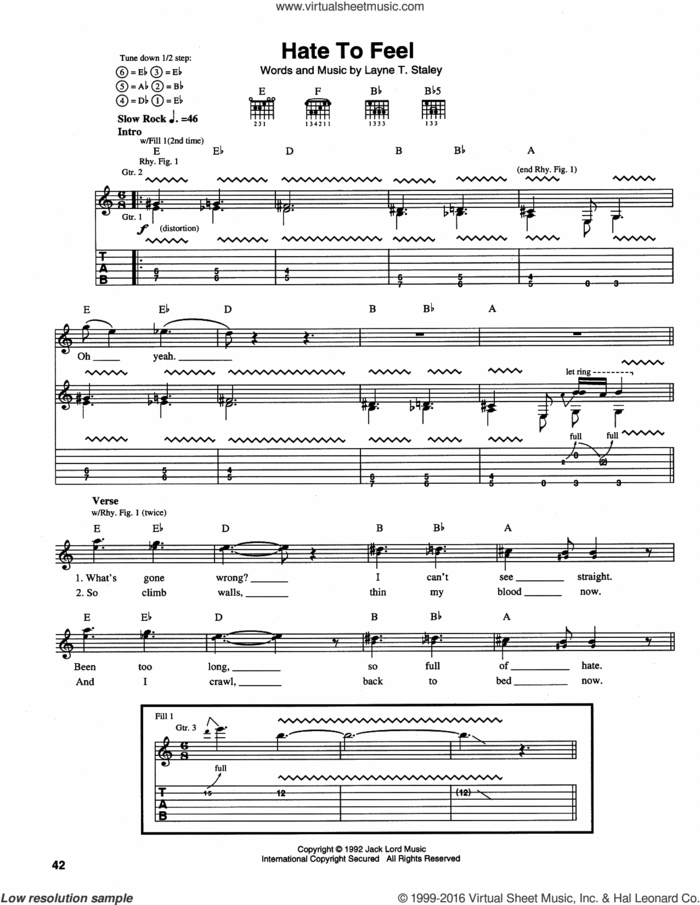 Hate To Feel sheet music for guitar (tablature) by Alice In Chains, intermediate skill level