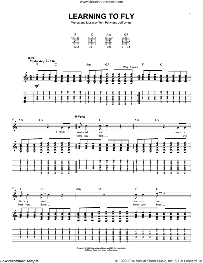 Learning To Fly sheet music for guitar solo (easy tablature) by Tom Petty and Jeff Lynne, easy guitar (easy tablature)