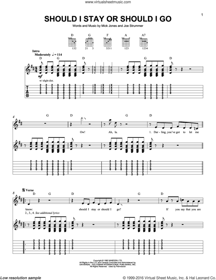 Should I Stay Or Should I Go, (easy) sheet music for guitar solo (easy tablature) by The Clash, Joe Strummer and Mick Jones, easy guitar (easy tablature)