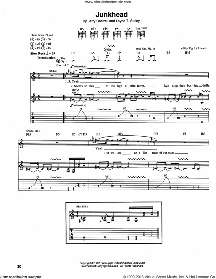 Junkhead sheet music for guitar (tablature) by Alice In Chains, intermediate skill level