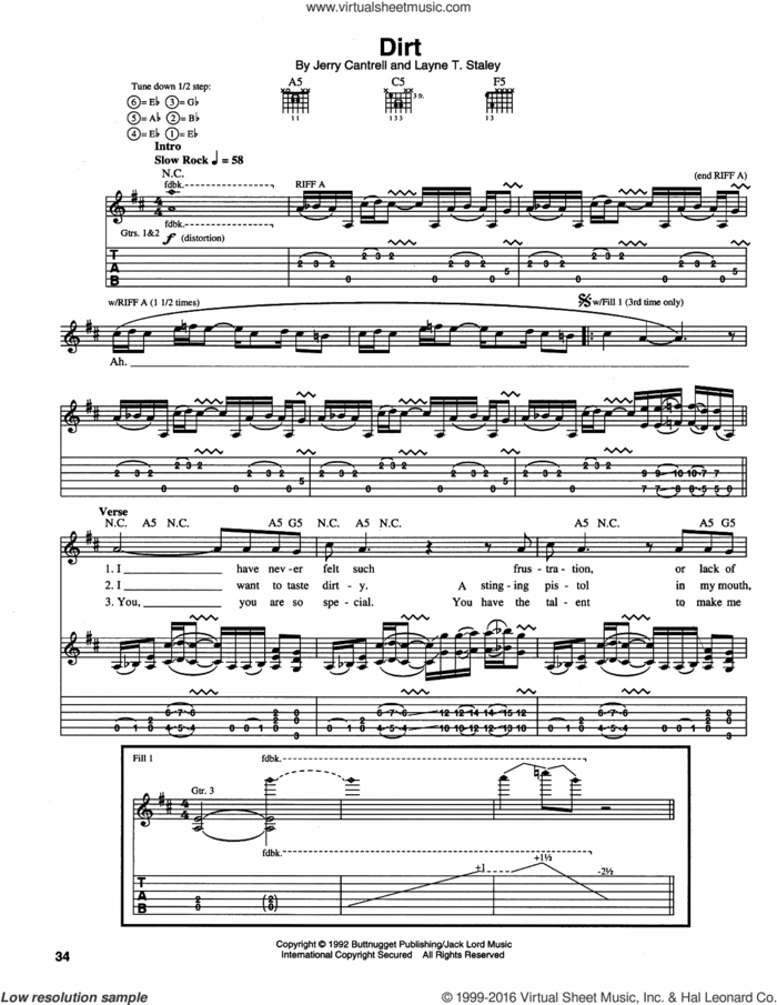 Dirt sheet music for guitar (tablature) by Alice In Chains, intermediate skill level