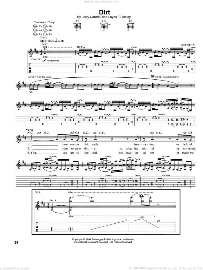 Dirt sheet music for guitar (tablature) by Alice In Chains, intermediate skill level