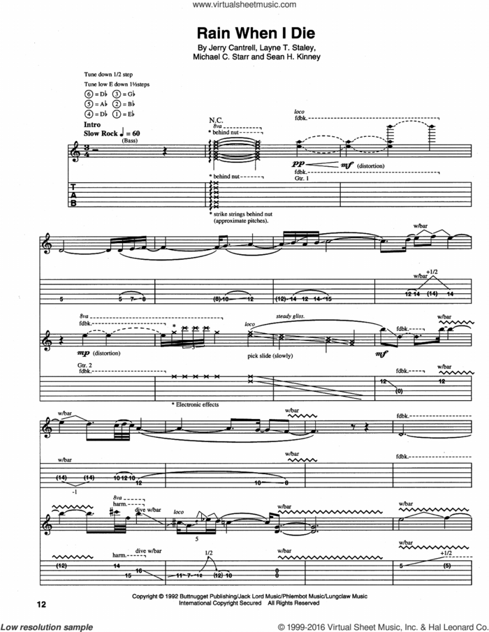 Rain When I Die sheet music for guitar (tablature) by Alice In Chains, intermediate skill level