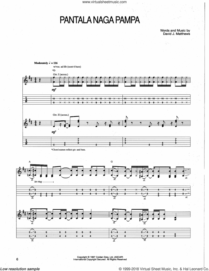 Pantala Naga Pampa sheet music for guitar (tablature) by Dave Matthews Band, intermediate skill level