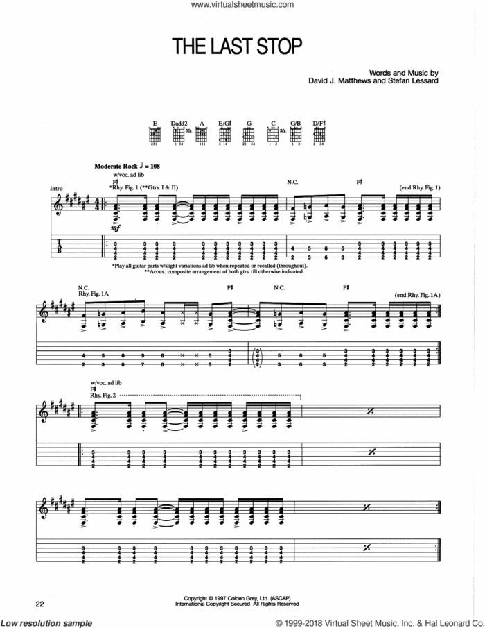 The Last Stop sheet music for guitar (tablature) by Dave Matthews Band and Stefan Lessard, intermediate skill level