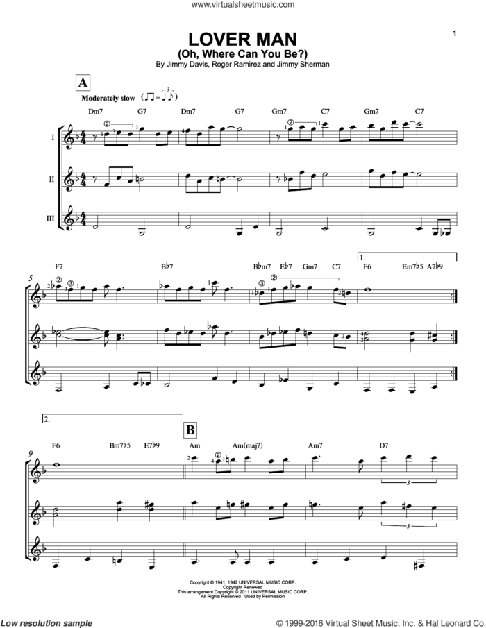 Lover Man (Oh, Where Can You Be?) sheet music for guitar ensemble by Billie Holiday, Jimmie Davis, Jimmy Sherman and Roger Ramirez, intermediate skill level