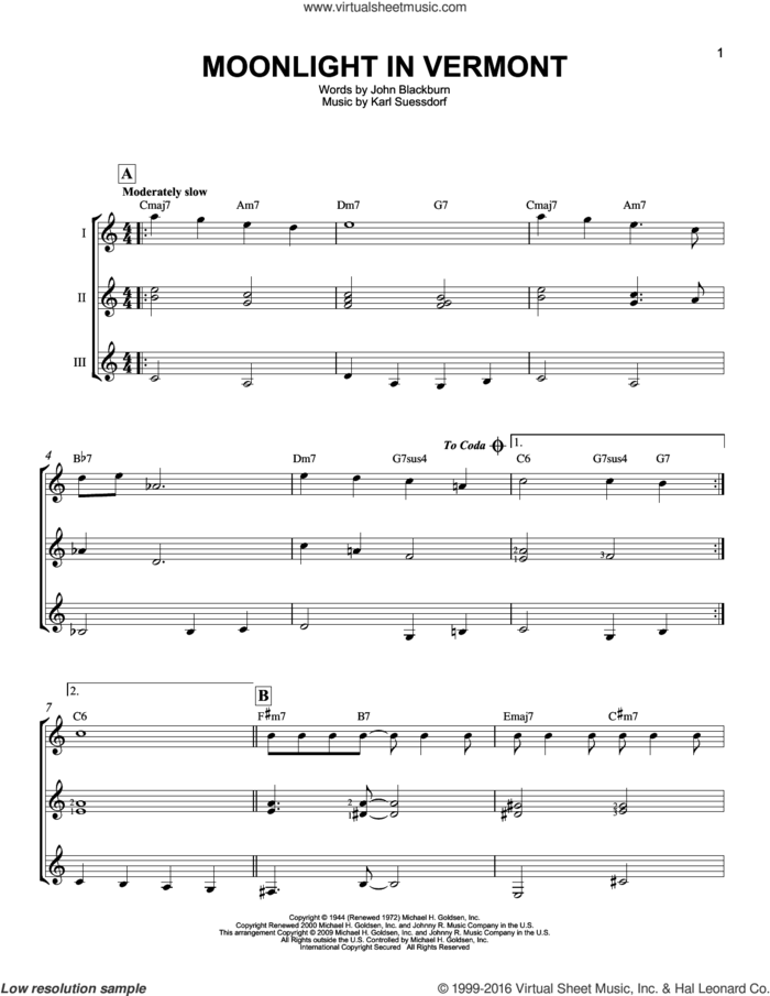 Moonlight In Vermont sheet music for guitar ensemble by Karl Suessdorf and John Blackburn, intermediate skill level