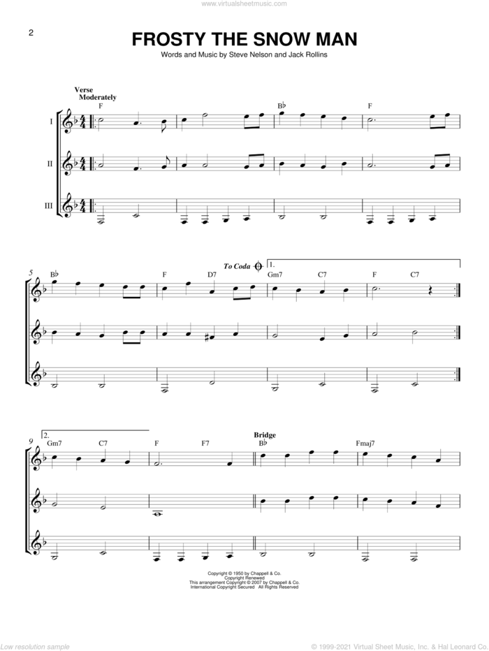 Frosty The Snow Man sheet music for guitar ensemble by Jack Rollins and Steve Nelson, intermediate skill level