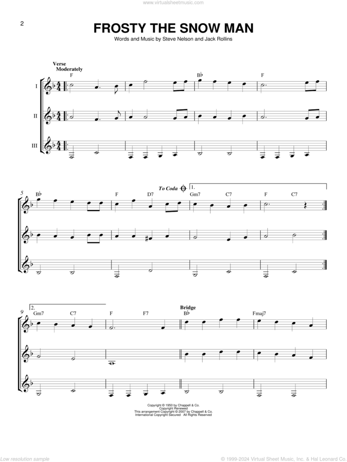 Frosty The Snow Man sheet music for guitar ensemble by Jack Rollins and Steve Nelson, intermediate skill level