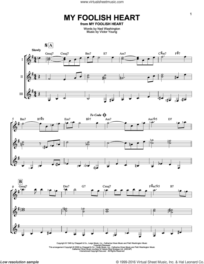 My Foolish Heart sheet music for guitar ensemble by Ned Washington, Demensions and Victor Young, intermediate skill level