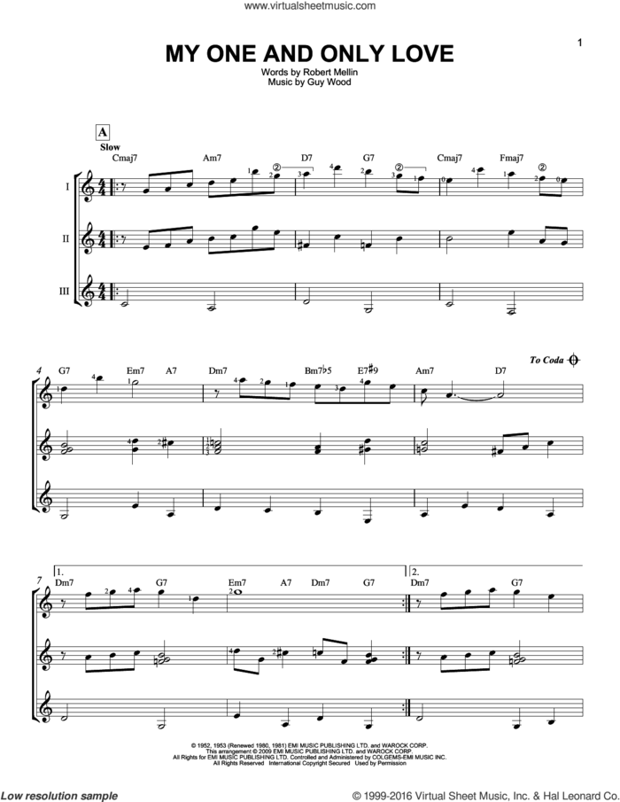 My One And Only Love sheet music for guitar ensemble by Robert Mellin and Guy Wood, intermediate skill level