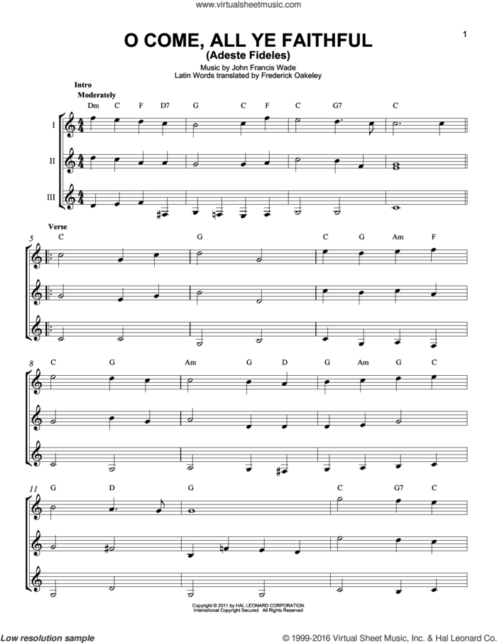O Come, All Ye Faithful (Adeste Fideles) sheet music for guitar ensemble by John Francis Wade and Frederick Oakeley (English), intermediate skill level