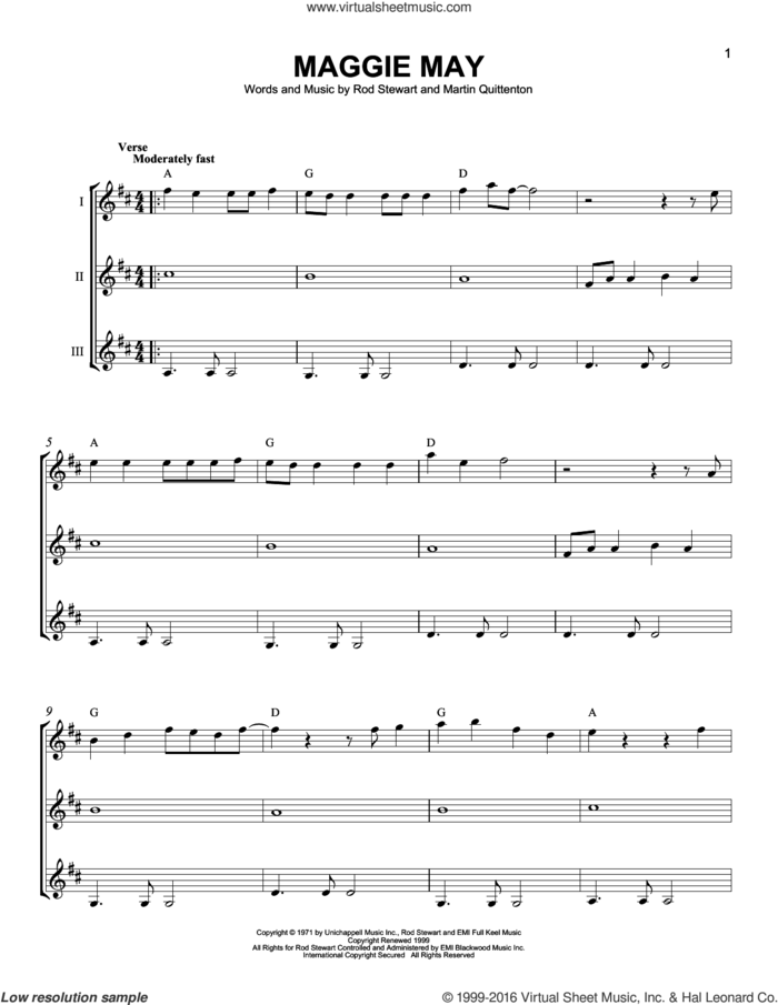 Maggie May sheet music for guitar ensemble by Rod Stewart and Martin Quittenton, intermediate skill level