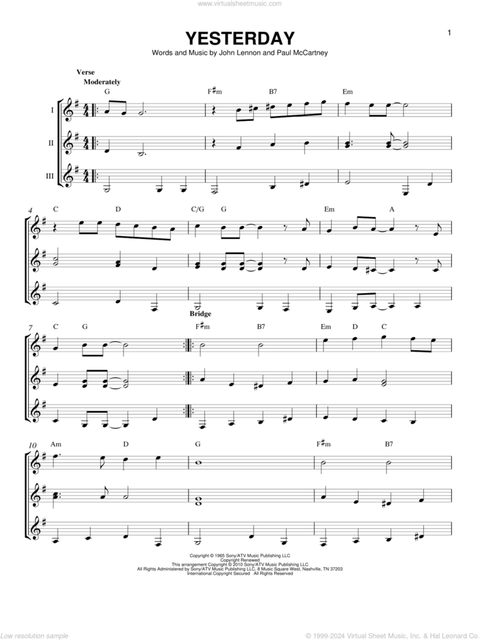 Yesterday sheet music for guitar ensemble by The Beatles, Adam Levine & Tony Lucca, Boyz II Men, En Vogue, John Lennon and Paul McCartney, intermediate skill level