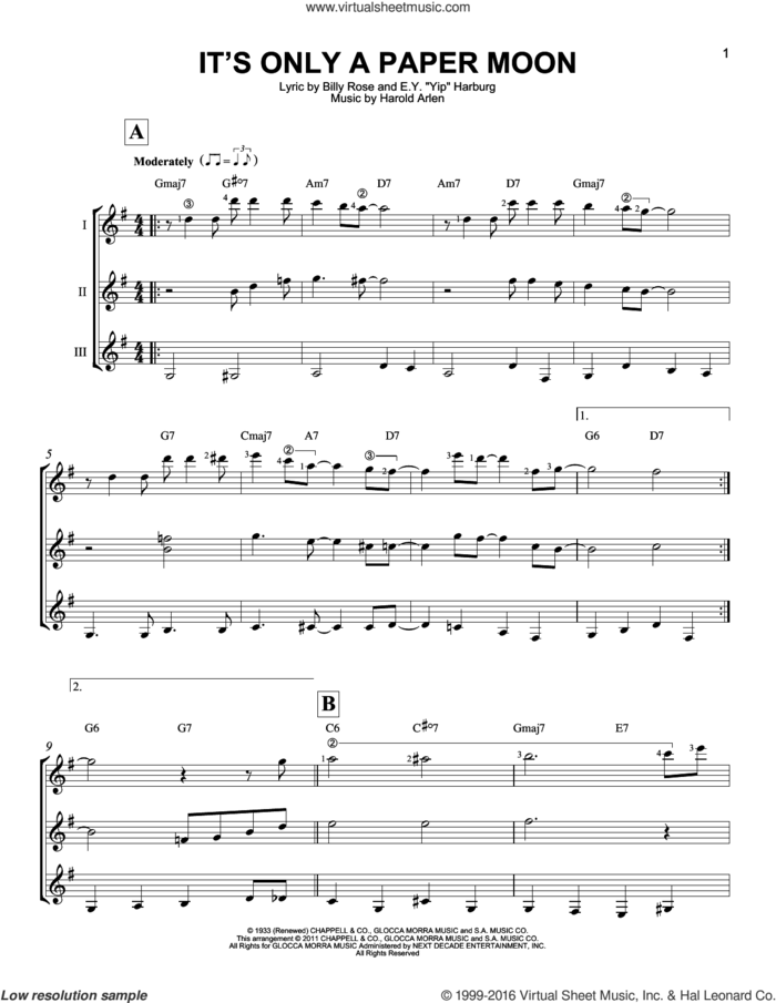 It's Only A Paper Moon sheet music for guitar ensemble by Harold Arlen, Billy Rose and E.Y. Harburg, intermediate skill level