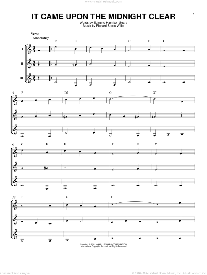 It Came Upon The Midnight Clear sheet music for guitar ensemble by Richard Storrs Willis and Edmund Hamilton Sears, intermediate skill level