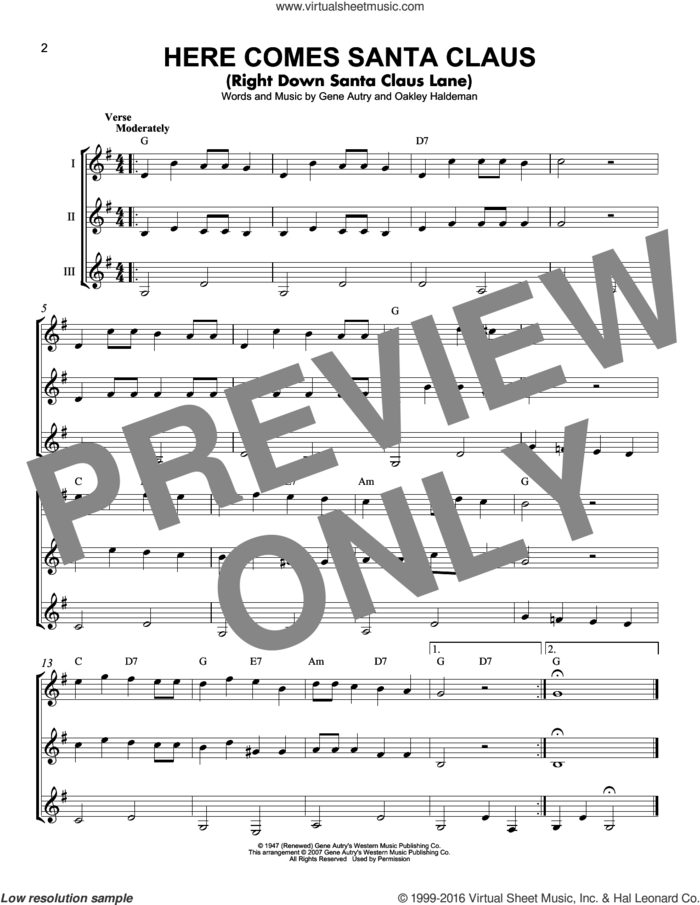 Here Comes Santa Claus (Right Down Santa Claus Lane) sheet music for guitar ensemble by Gene Autry, Carpenters and Oakley Haldeman, intermediate skill level