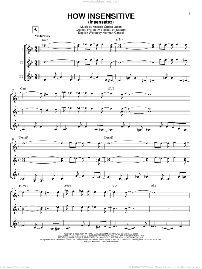 How Insensitive (Insensatez) sheet music for guitar ensemble by Antonio Carlos Jobim, Astrud Gilberto, Norman Gimbel and Vinicius de Moraes, intermediate skill level