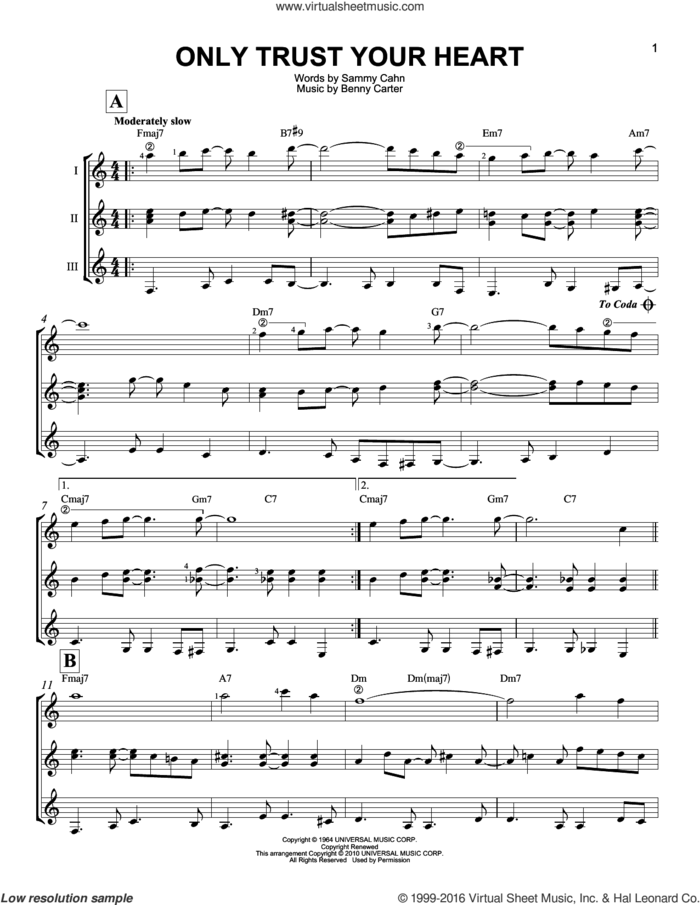 Only Trust Your Heart sheet music for guitar ensemble by Sammy Cahn and Benny Carter, intermediate skill level