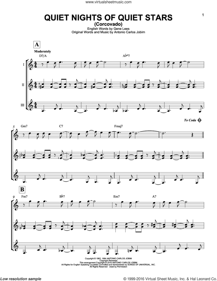 Quiet Nights Of Quiet Stars (Corcovado) sheet music for guitar ensemble by Andy Williams, Antonio Carlos Jobim and Eugene John Lees, intermediate skill level
