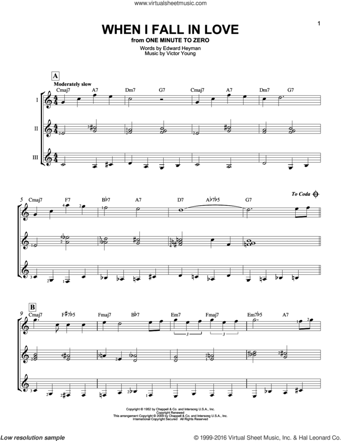 When I Fall In Love sheet music for guitar ensemble by Victor Young, Carpenters, Celine Dion and Clive Griffin, The Lettermen and Edward Heyman, intermediate skill level