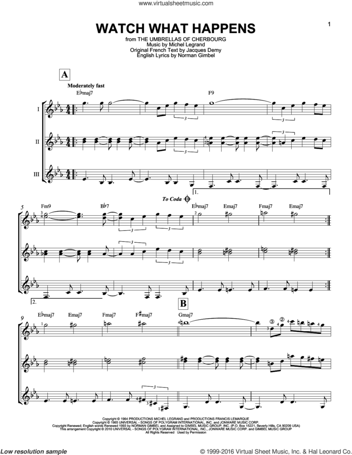 Watch What Happens sheet music for guitar ensemble by Michel Legrand and Norman Gimbel, intermediate skill level