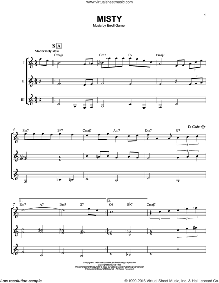 Misty sheet music for guitar ensemble by Johnny Mathis, Erroll Garner and John Burke, intermediate skill level