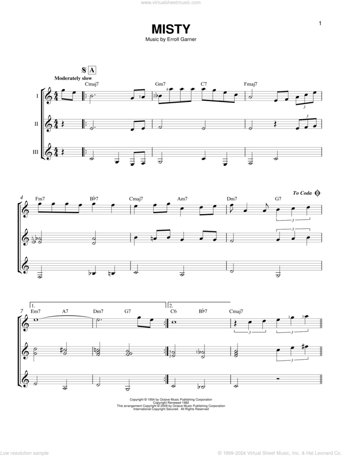 Misty sheet music for guitar ensemble by Johnny Mathis, Erroll Garner and John Burke, intermediate skill level