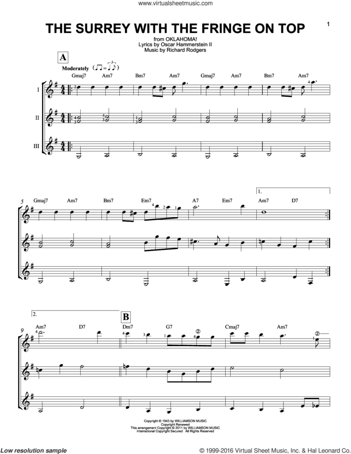 The Surrey With The Fringe On Top (from Oklahoma!) sheet music for guitar ensemble by Rodgers & Hammerstein, Oscar II Hammerstein and Richard Rodgers, intermediate skill level