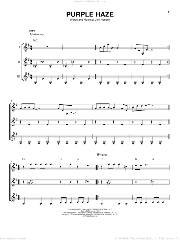 Purple Haze sheet music for guitar ensemble by Jimi Hendrix, intermediate skill level
