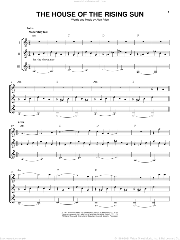 The House Of The Rising Sun sheet music for guitar ensemble by The Animals and Alan Price, intermediate skill level