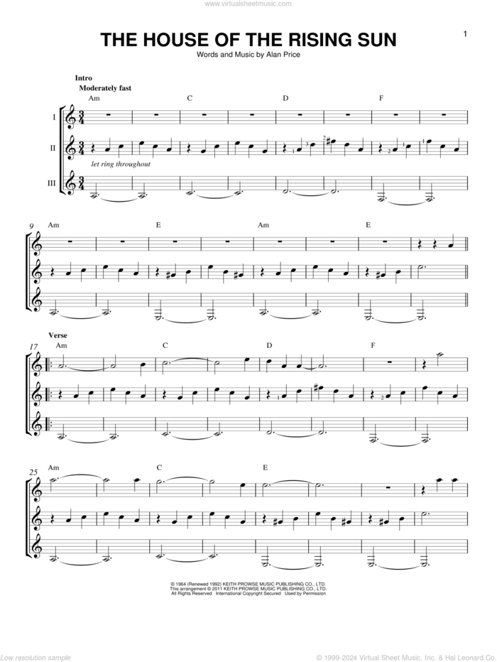 The House Of The Rising Sun sheet music for guitar ensemble by The Animals and Alan Price, intermediate skill level