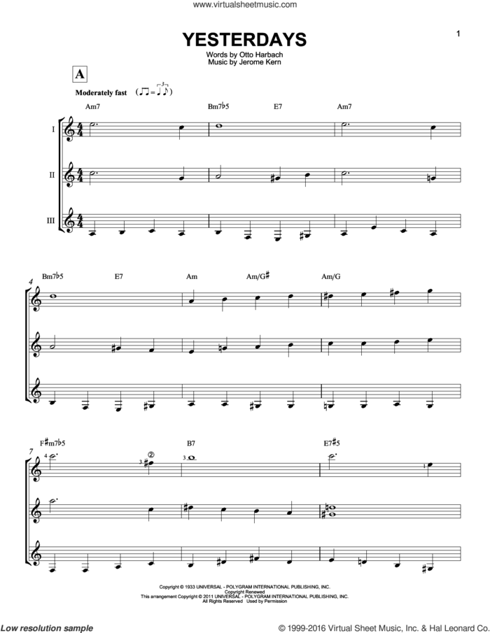 Yesterdays sheet music for guitar ensemble by Jerome Kern and Otto Harbach, intermediate skill level